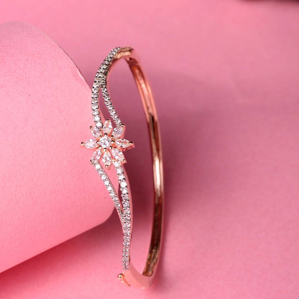 Rose Gold Plated White Ad Studded Flower Bracelet : SJBR1515