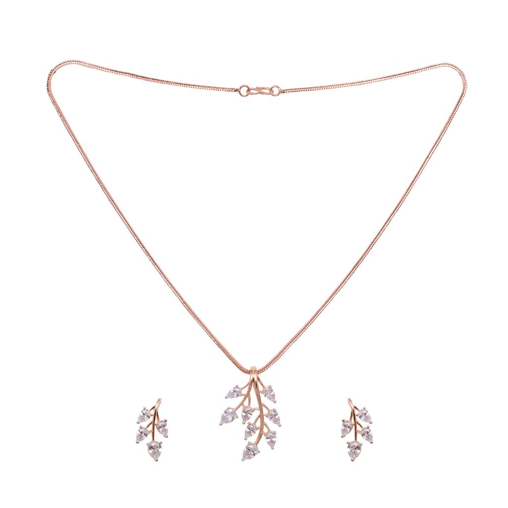 Rose Gold Plated White Ad Studded Leaf Design Locket Jewellery Set : SJLK1516