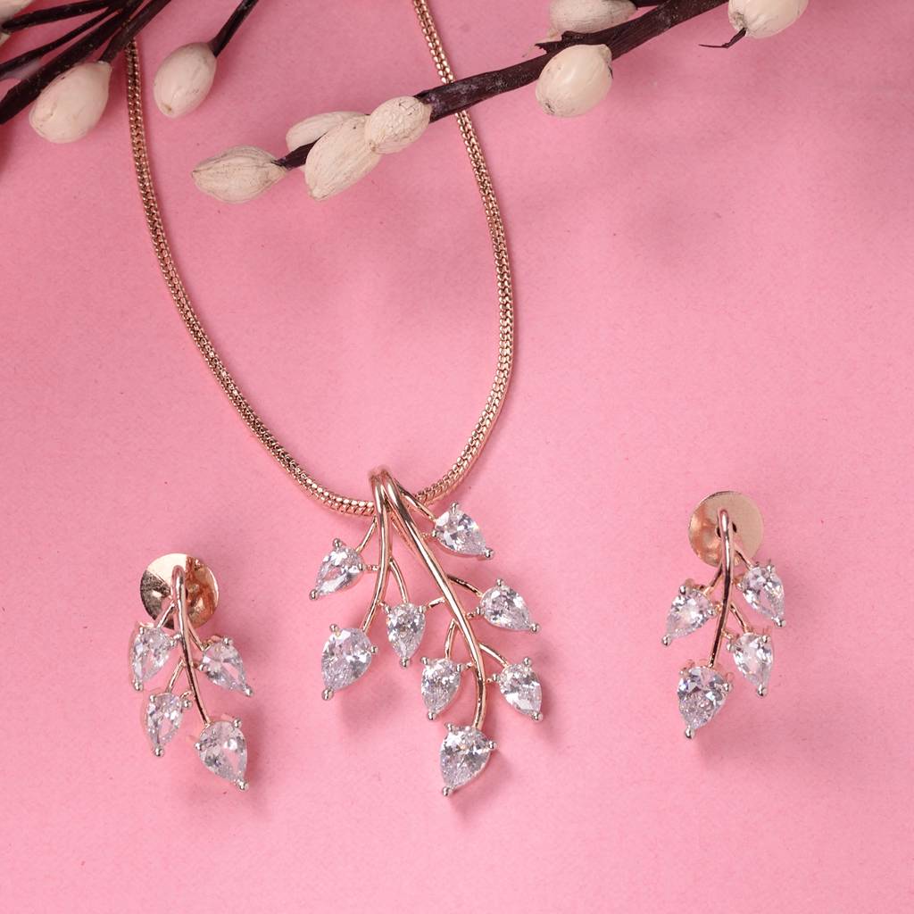 Rose Gold Plated White Ad Studded Leaf Design Locket Jewellery Set : SJLK1516