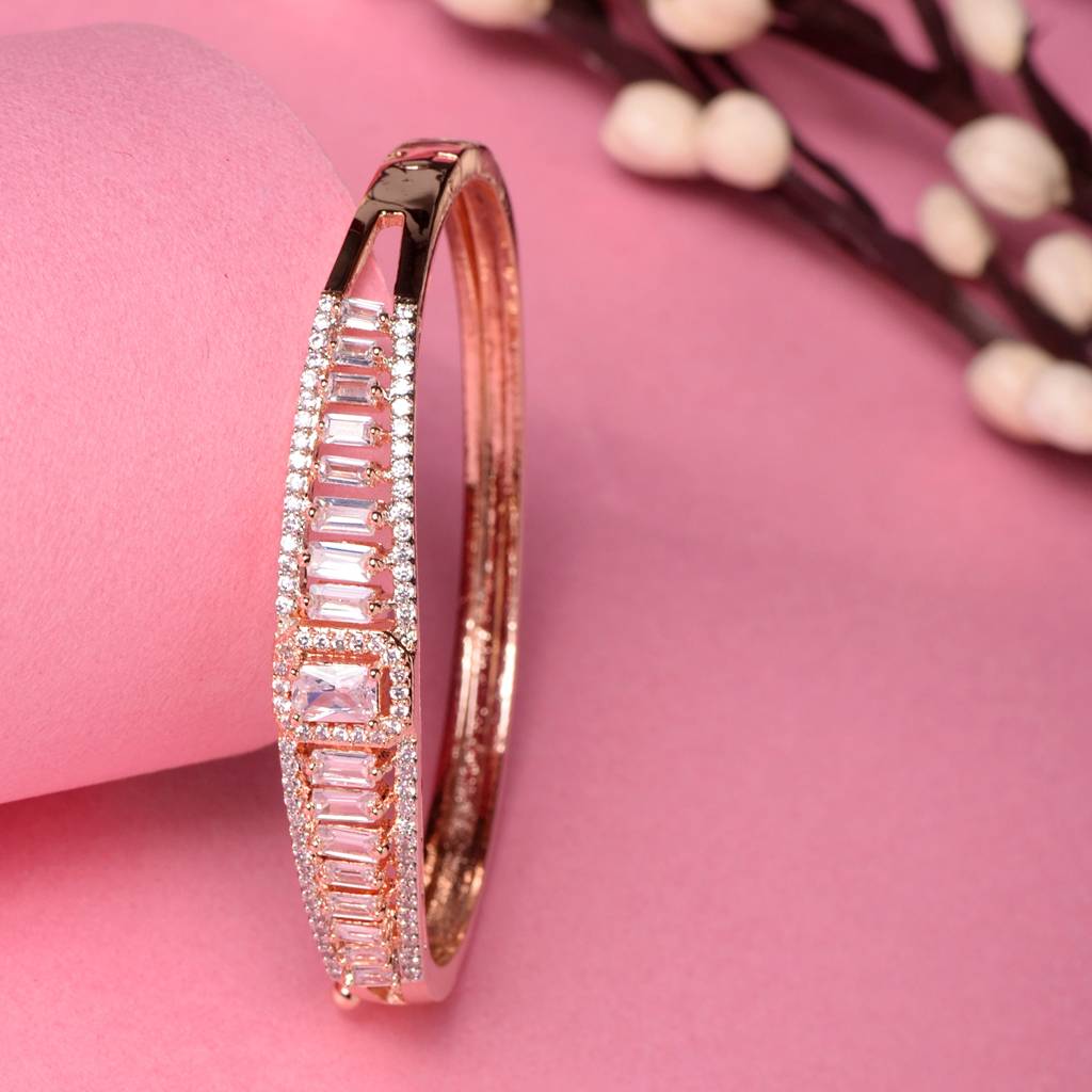 Rose Gold Plated White Ad Studded Designer Bangle Bracelet : SJBR1518