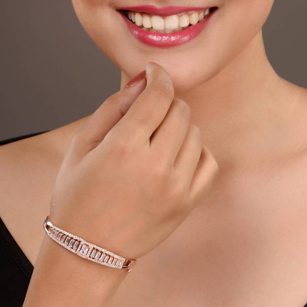 Rose Gold Plated White Ad Studded Designer Bangle Bracelet : SJBR1518