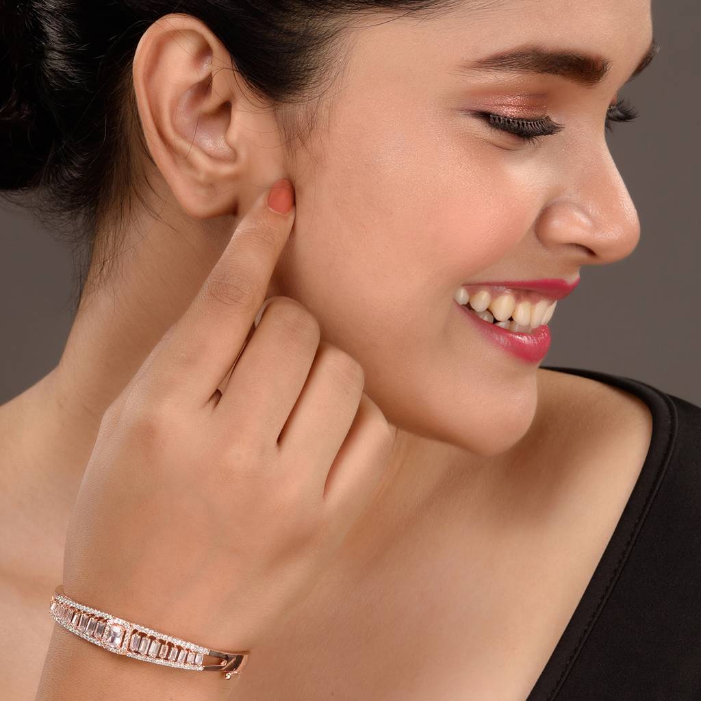 Rose Gold Plated White Ad Studded Designer Bangle Bracelet : SJBR1518