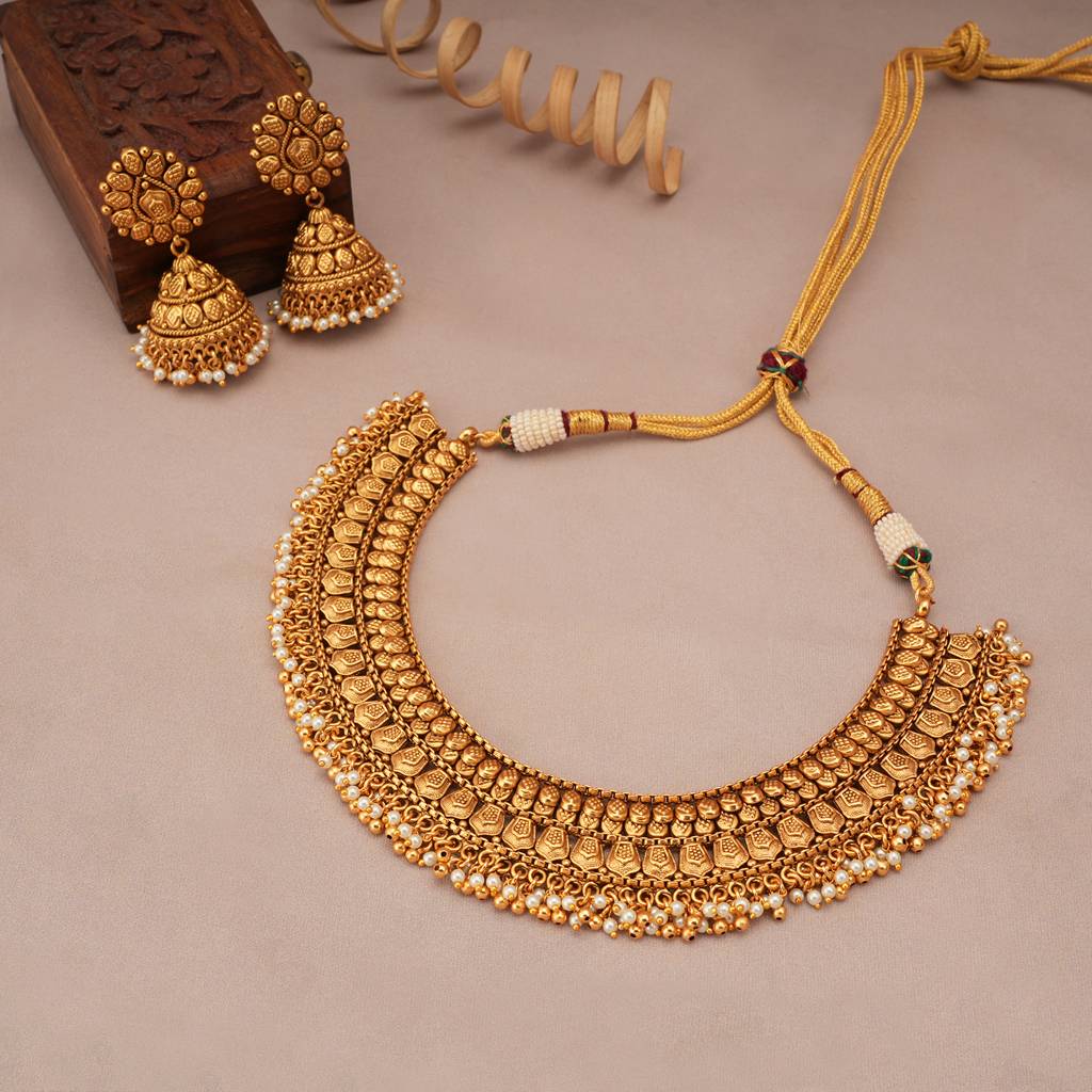 Gorgeous Antique Gold Pearl Drop Necklace Set : SJ218