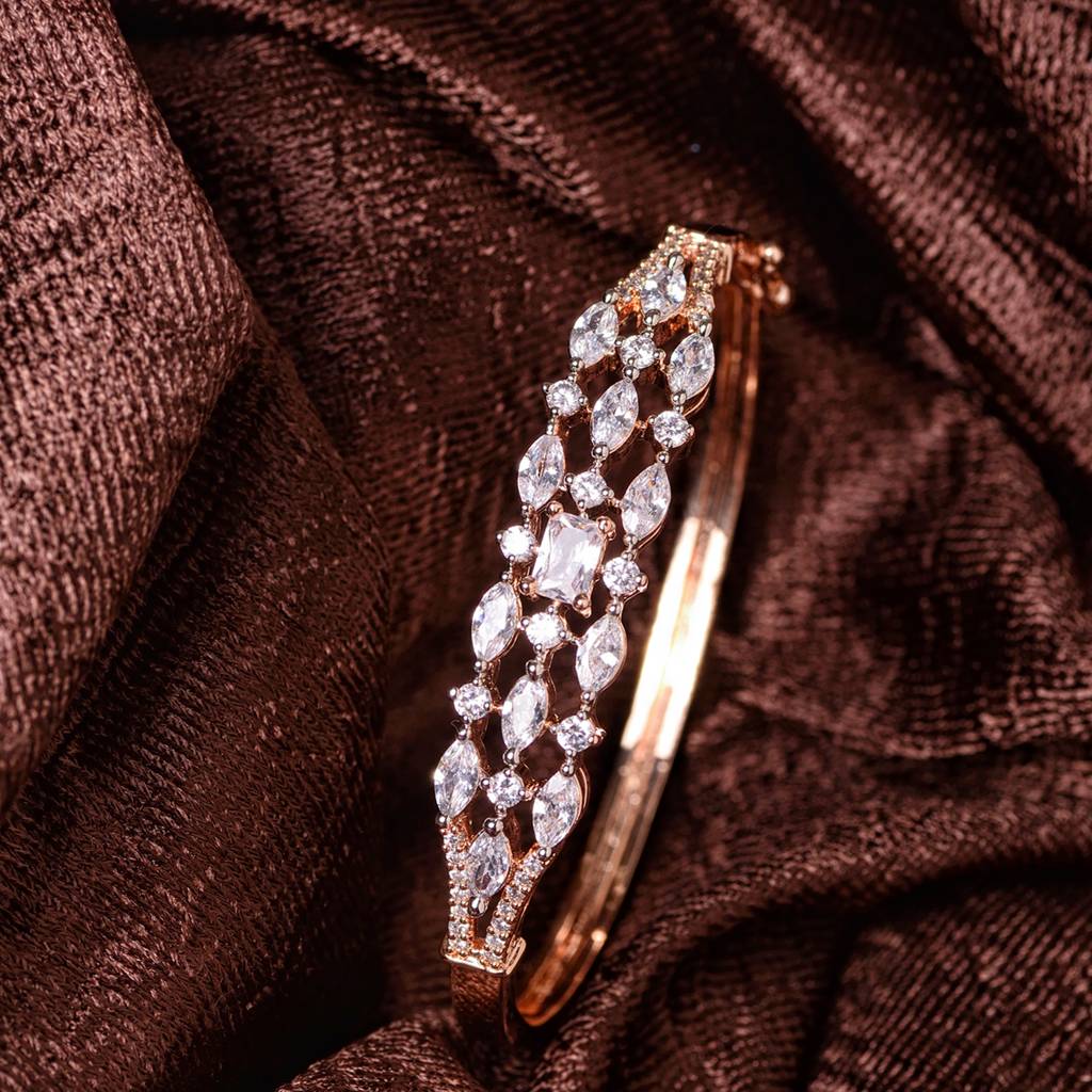 Rose Gold Plated White Ad Studded Contemporary Bangle Bracelet : SJBR1519