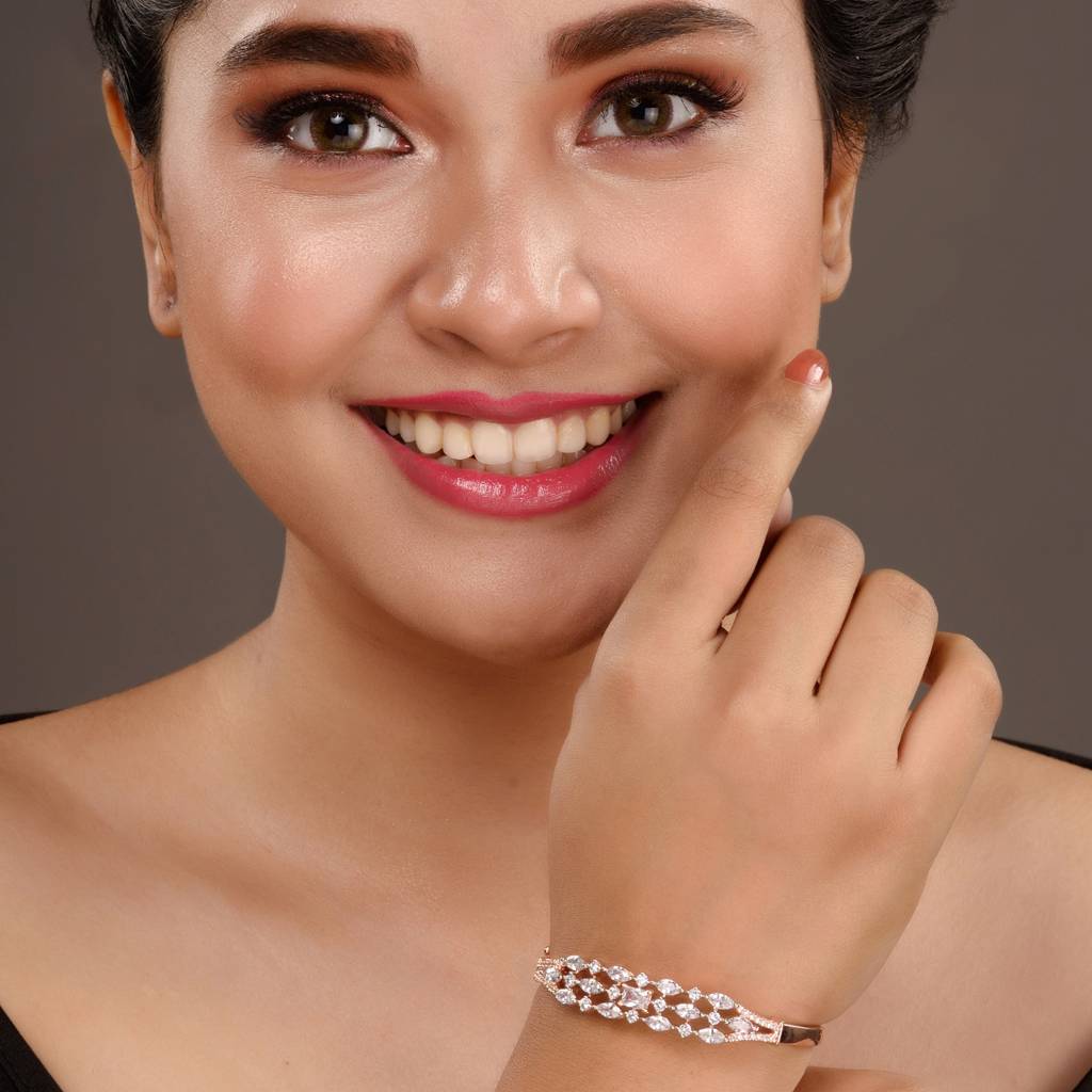 Rose Gold Plated White Ad Studded Contemporary Bangle Bracelet : SJBR1519