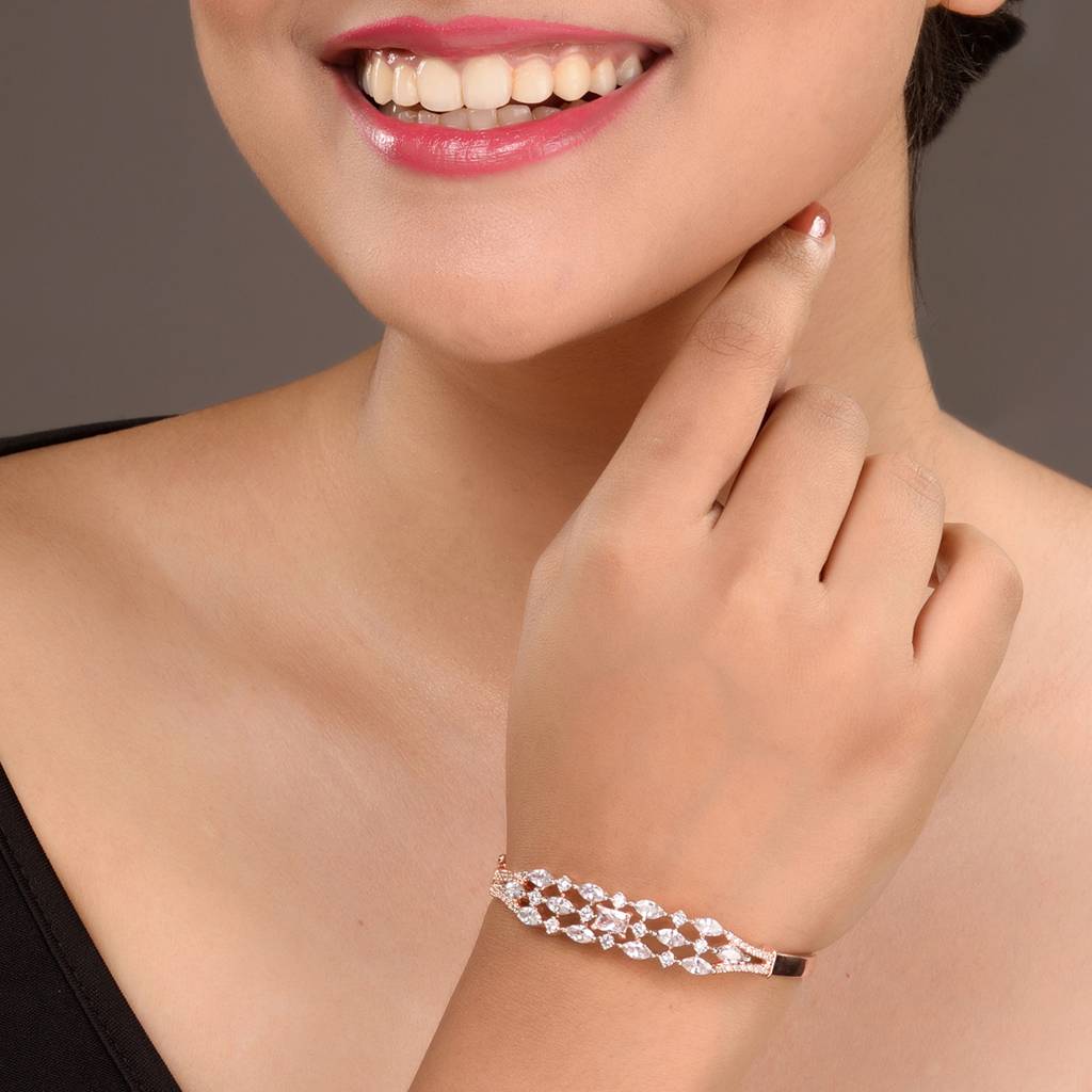Rose Gold Plated White Ad Studded Contemporary Bangle Bracelet : SJBR1519
