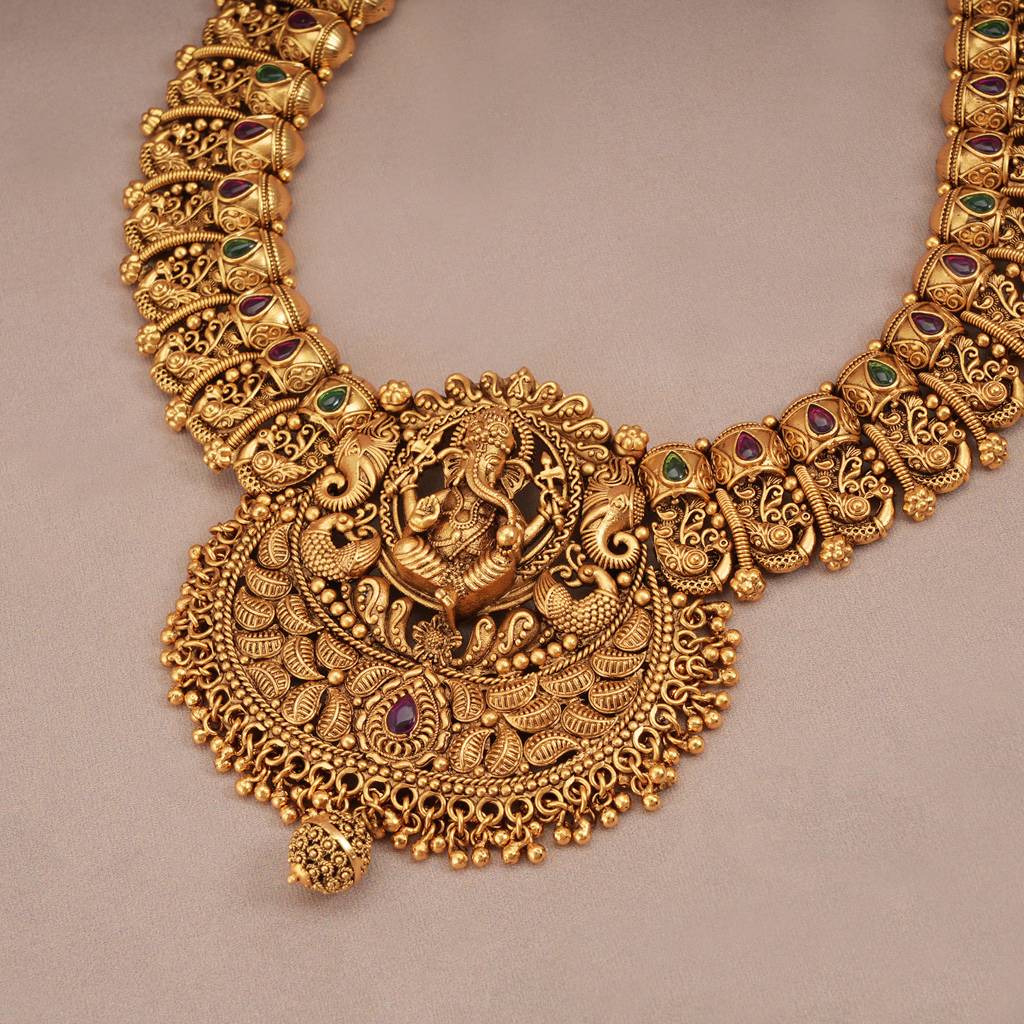 Auspicious Antique Long Lord Ganesh Stunning Stone Necklace Set : SJ221