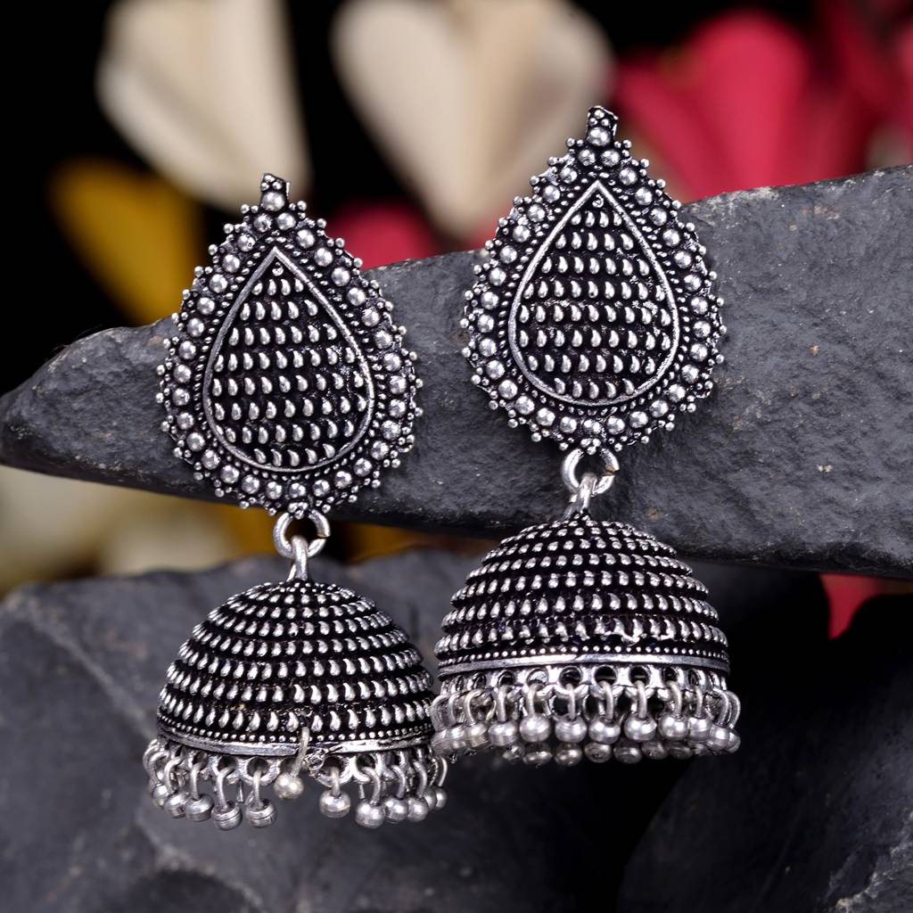 Oxidised Silver Plated Tilak Shaped Jhumka Earrings : SJER1522