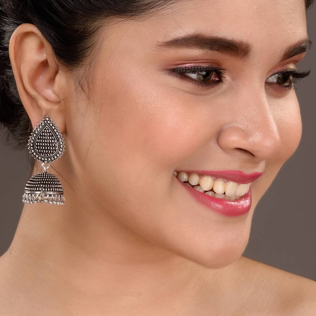 Oxidised Silver Plated Tilak Shaped Jhumka Earrings : SJER1522