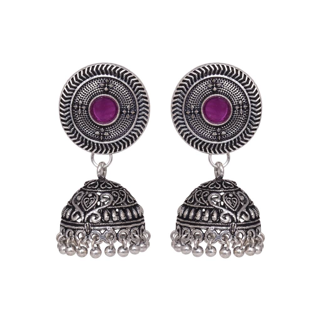 Oxidised Silver Plated Red Stone Studded Jhumka Earrings : SJER1523