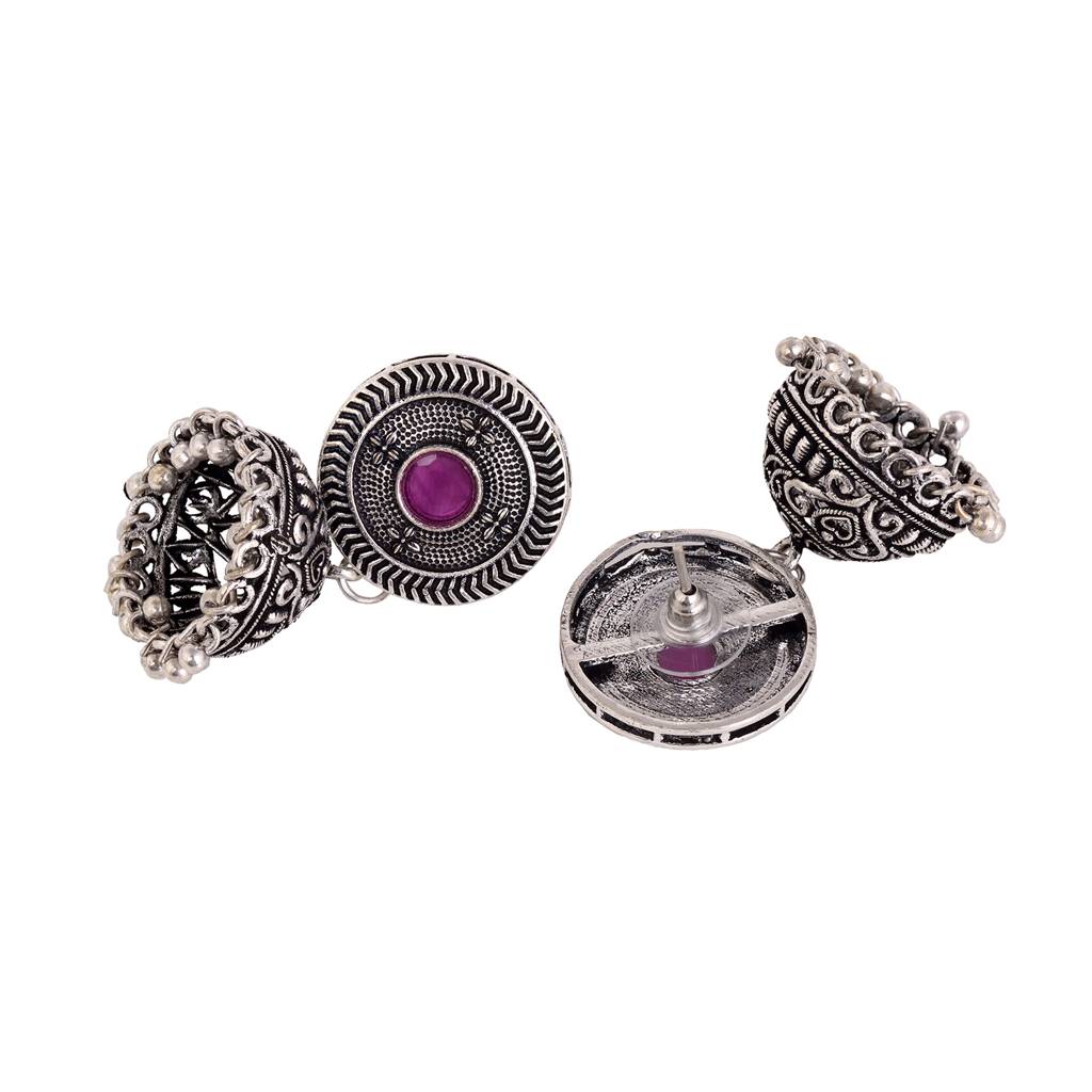 Oxidised Silver Plated Red Stone Studded Jhumka Earrings : SJER1523
