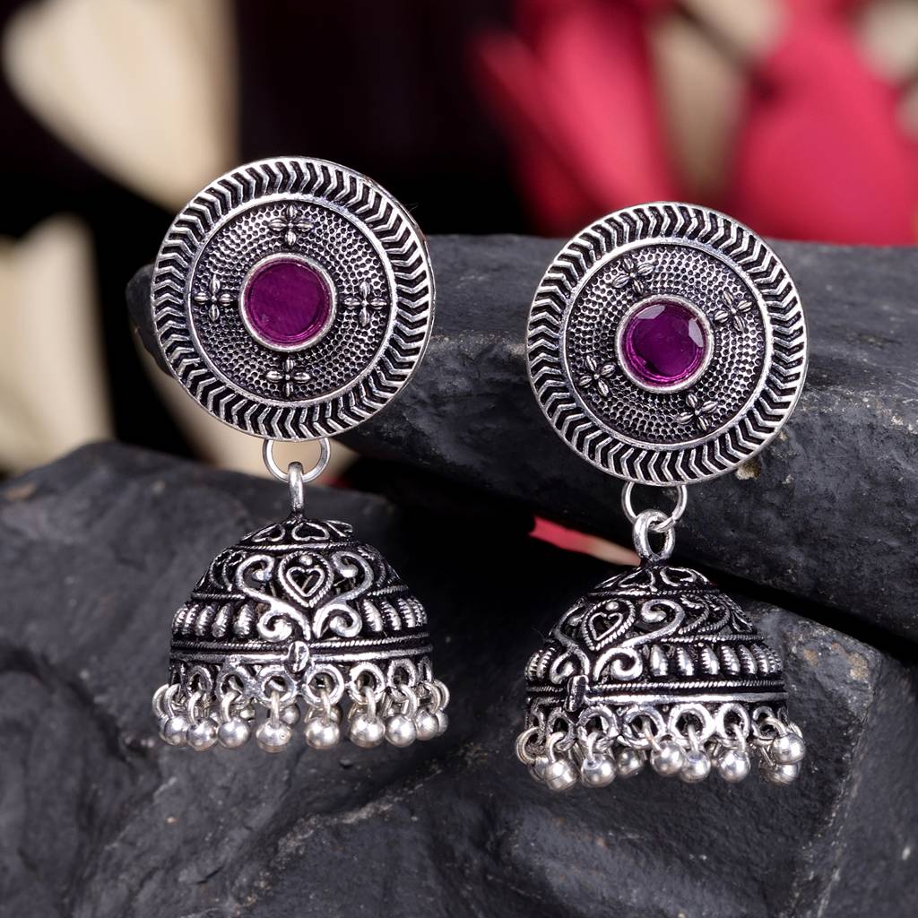 Oxidised Silver Plated Red Stone Studded Jhumka Earrings : SJER1523
