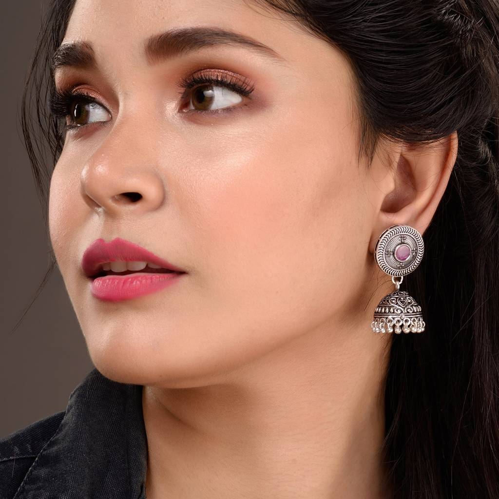Oxidised Silver Plated Red Stone Studded Jhumka Earrings : SJER1523