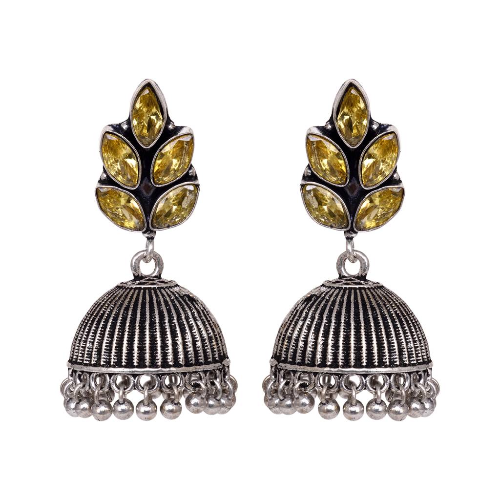 Oxidised Silver Toned Yellow Stone Studded Jhumka Earrings : SJER1524