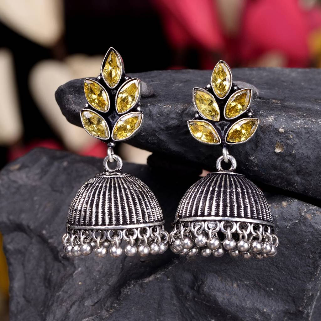 Oxidised Silver Toned Yellow Stone Studded Jhumka Earrings