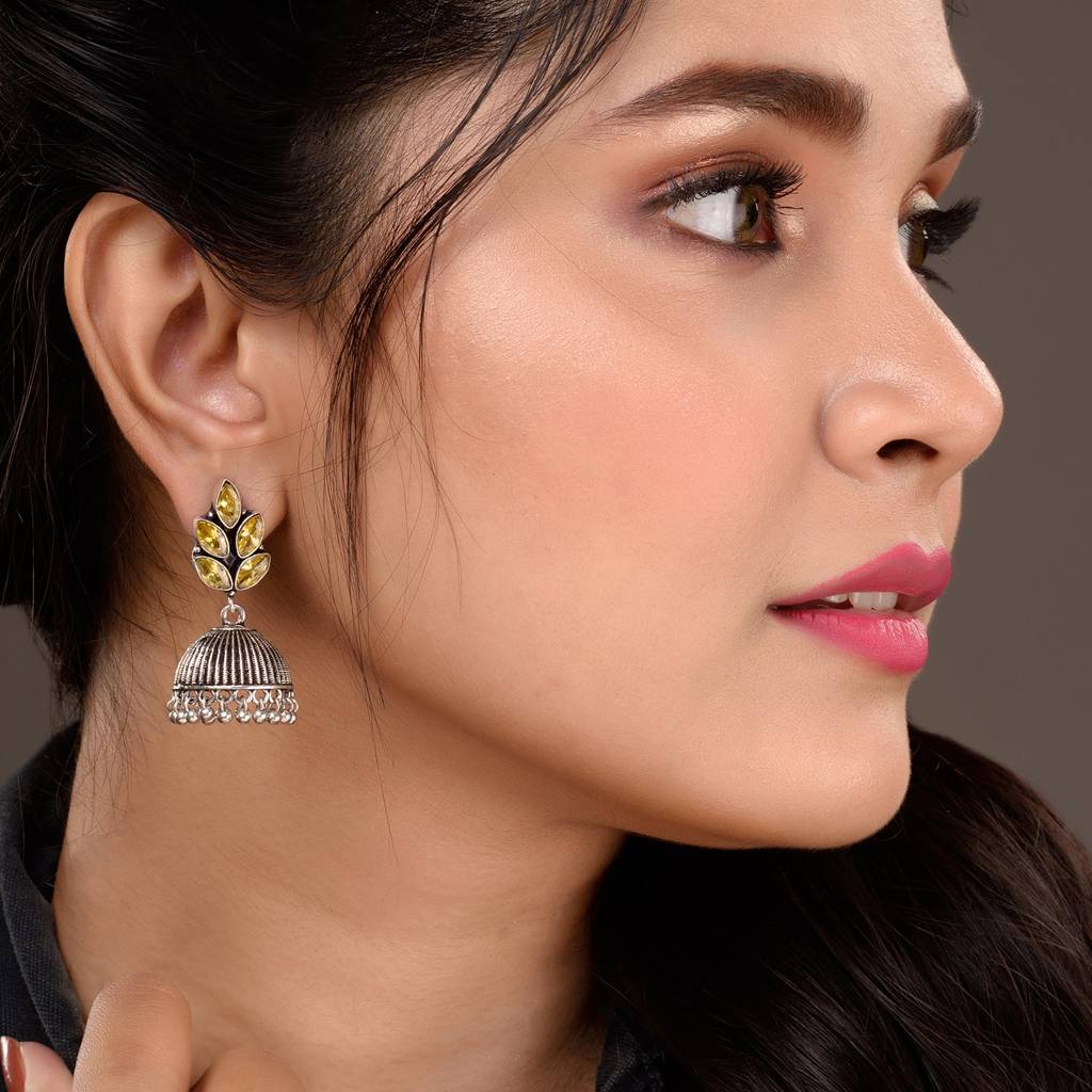 Oxidised Silver Toned Yellow Stone Studded Jhumka Earrings : SJER1524