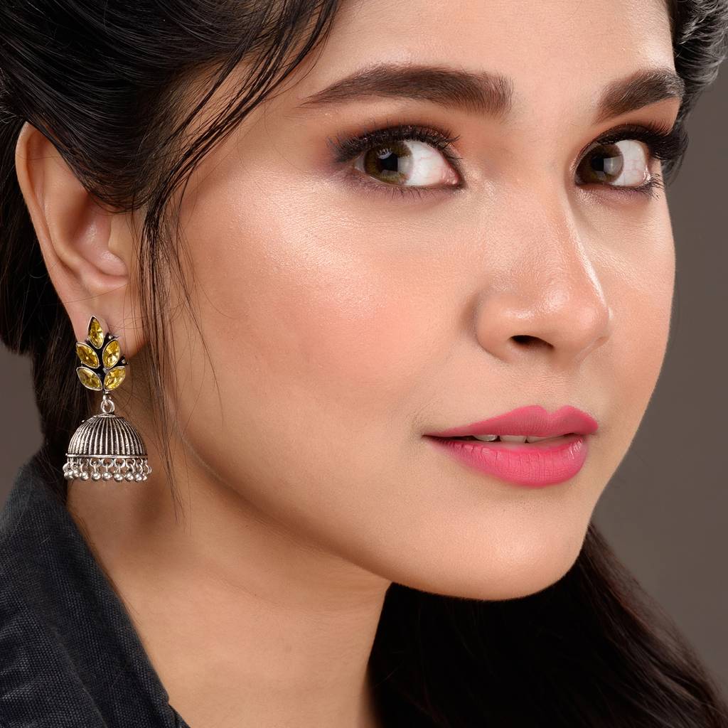 Oxidised Silver Toned Yellow Stone Studded Jhumka Earrings : SJER1524