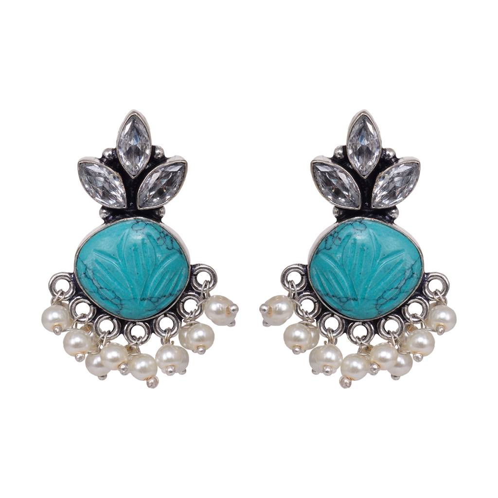 Oxidised Silver Toned Aqua Stone Studded Jhumka Earrings : SJER1525