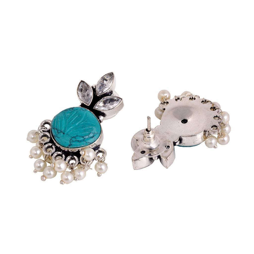 Oxidised Silver Toned Aqua Stone Studded Jhumka Earrings : SJER1525