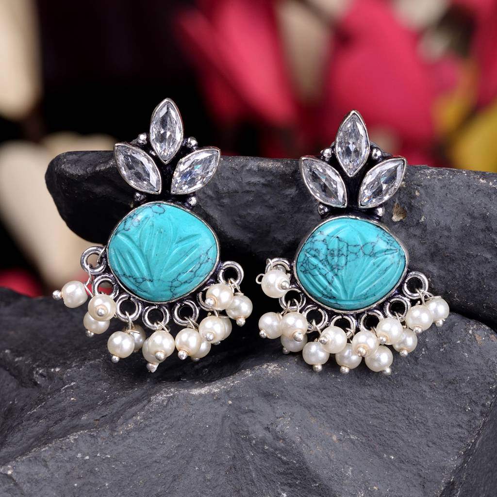 Oxidised Silver Toned Aqua Stone Studded Jhumka Earrings : SJER1525