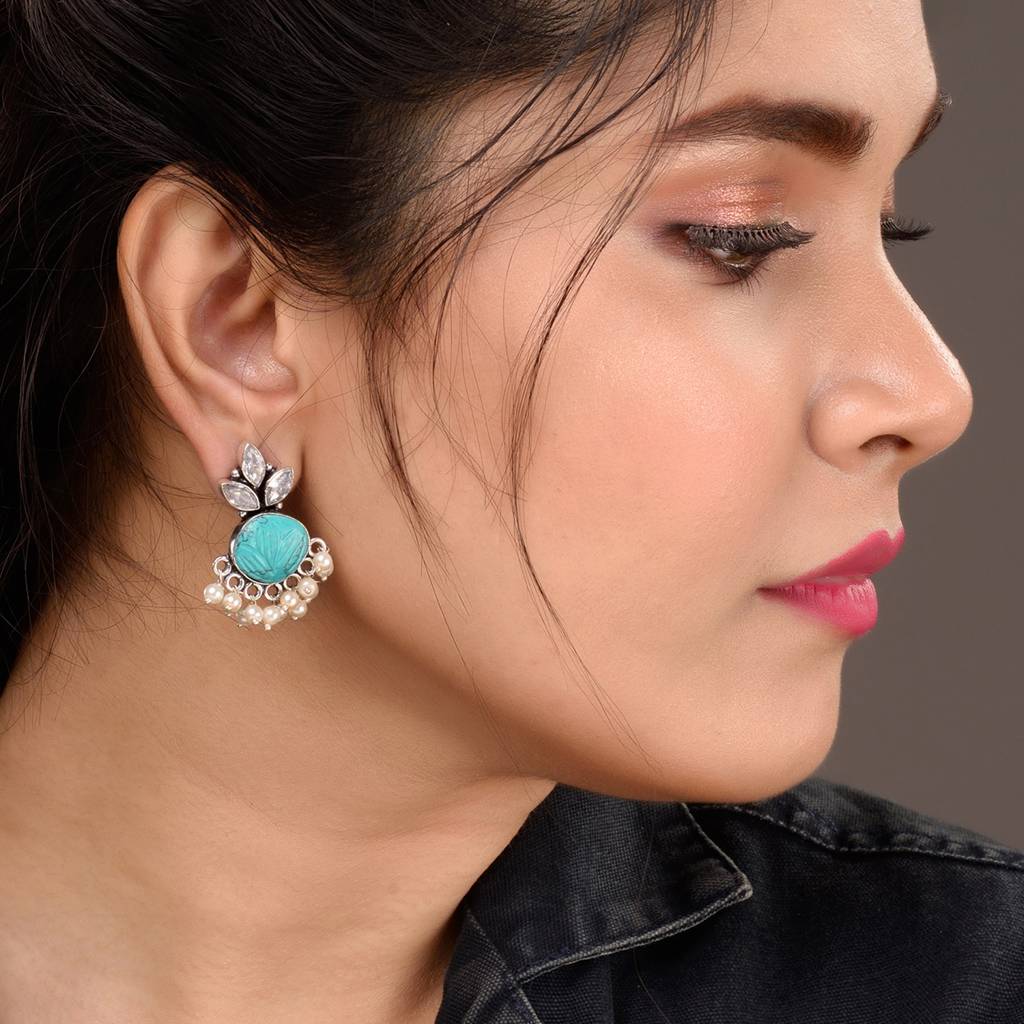 Oxidised Silver Toned Aqua Stone Studded Jhumka Earrings : SJER1525