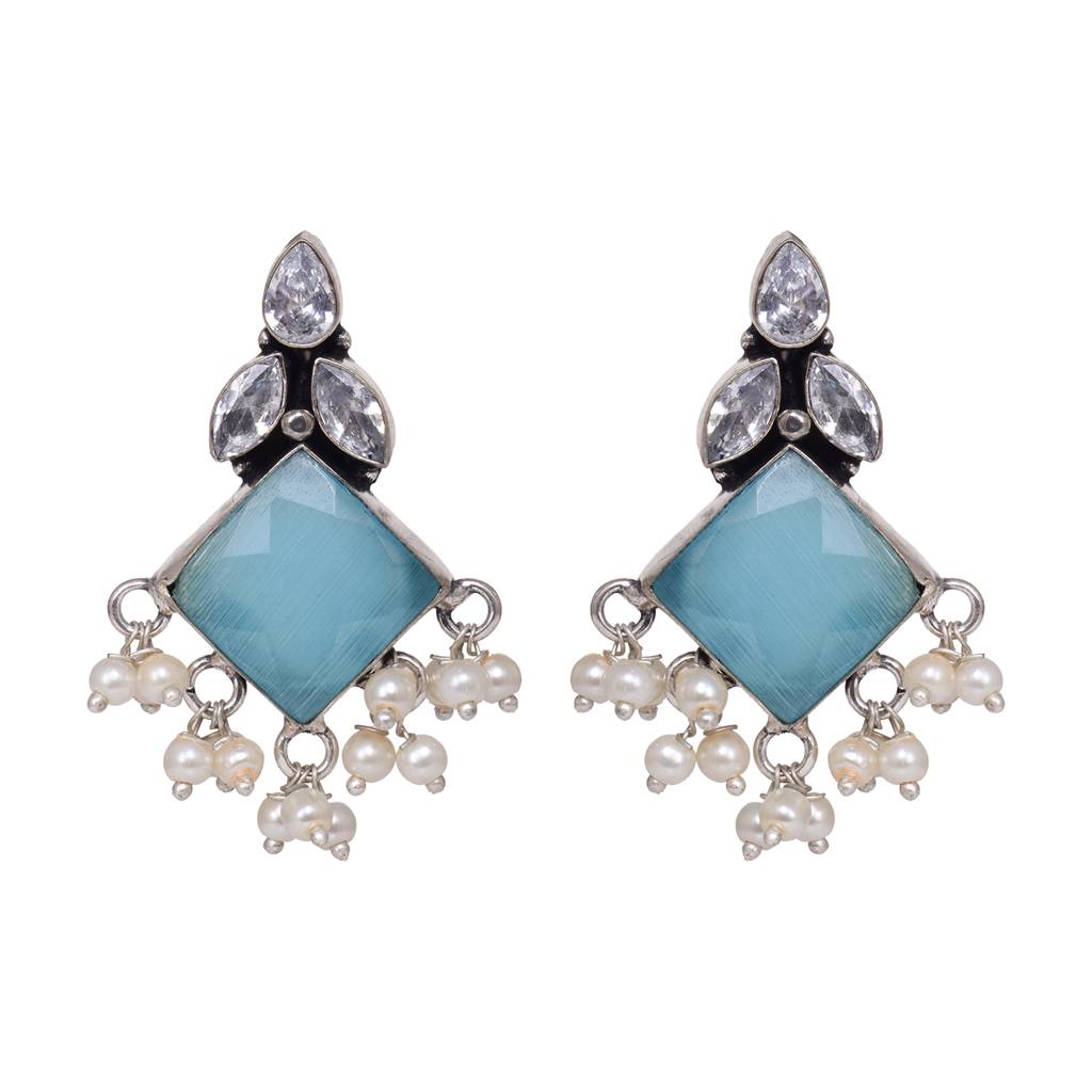 Oxidised Silver Toned Turquoise Stone Pearl Studded Earrings : SJER1526