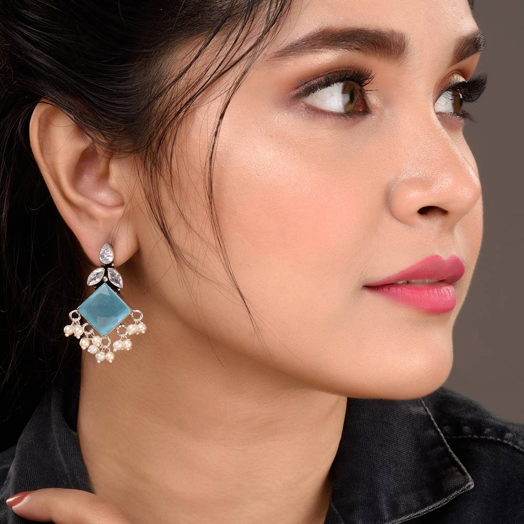 Oxidised Silver Toned Turquoise Stone Pearl Studded Earrings : SJER1526