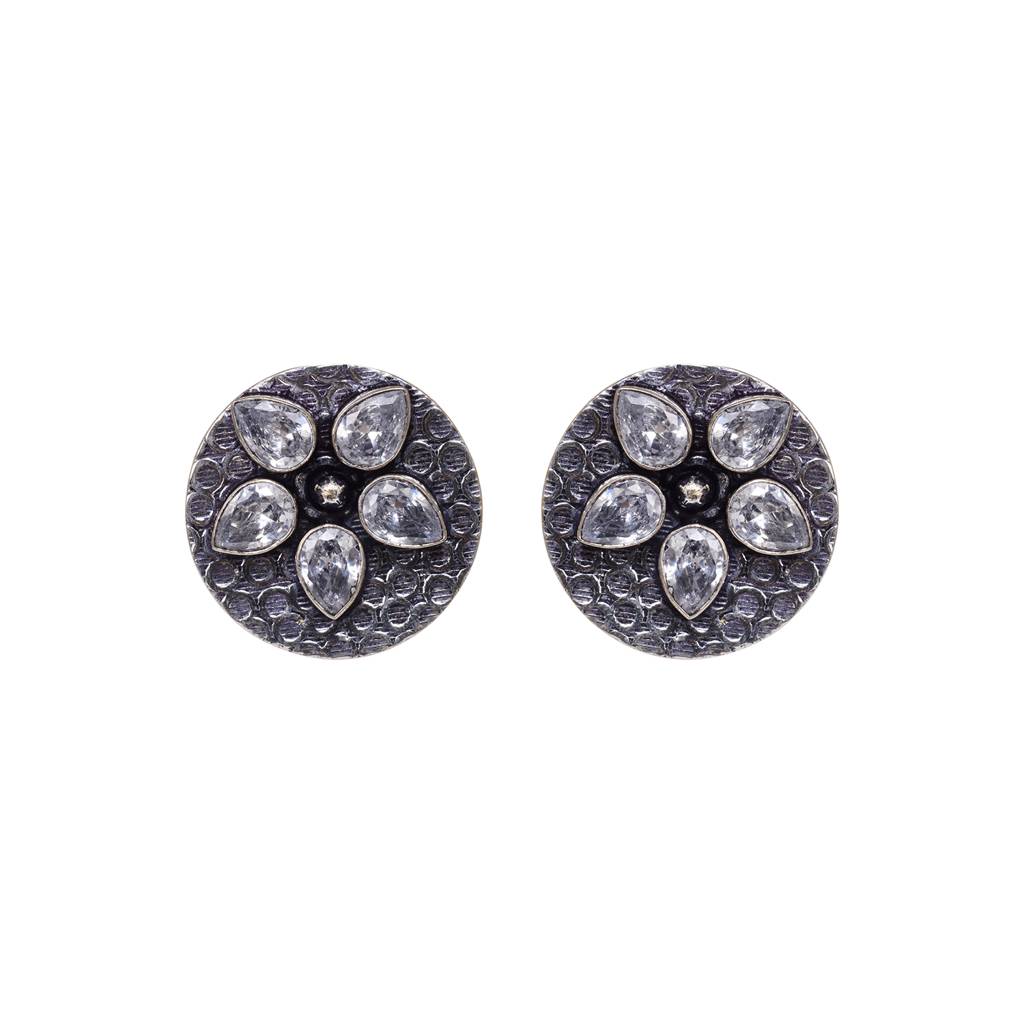 Oxidised Silver Toned White Stone Studds Earrings : SJER1527