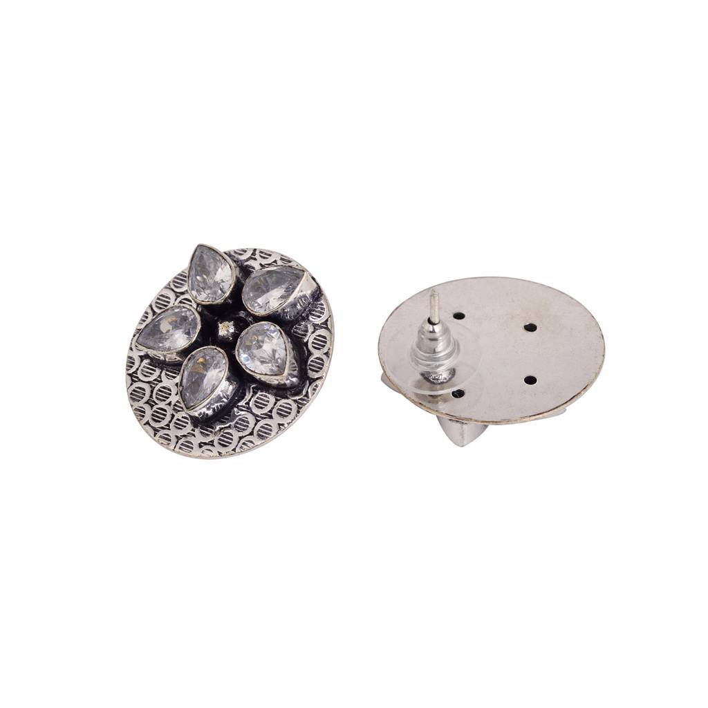 Oxidised Silver Toned White Stone Studds Earrings : SJER1527