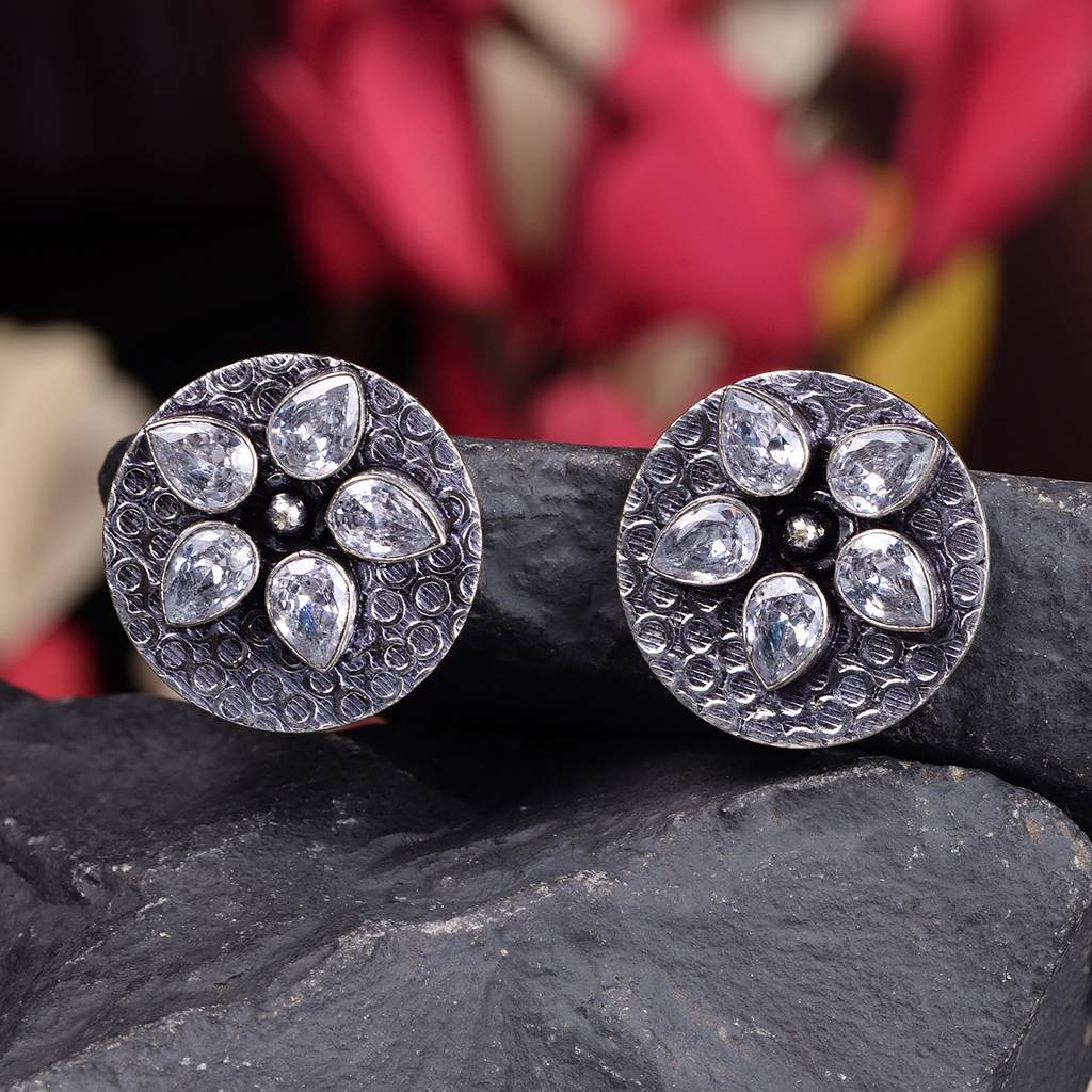 Oxidised Silver Toned White Stone Studds Earrings : SJER1527