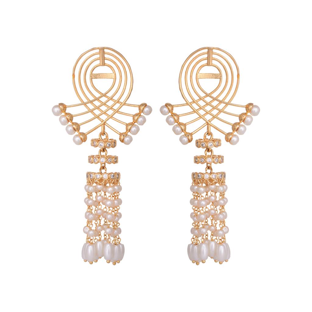 Gold Plated Pearl Beaded Chandelier Jhumka Earrings : SJER1528