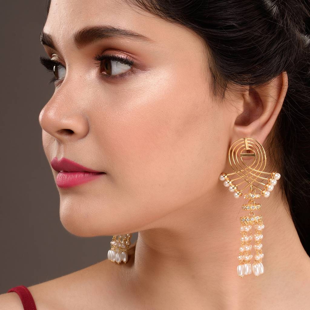 Gold Plated Pearl Beaded Chandelier Jhumka Earrings : SJER1528