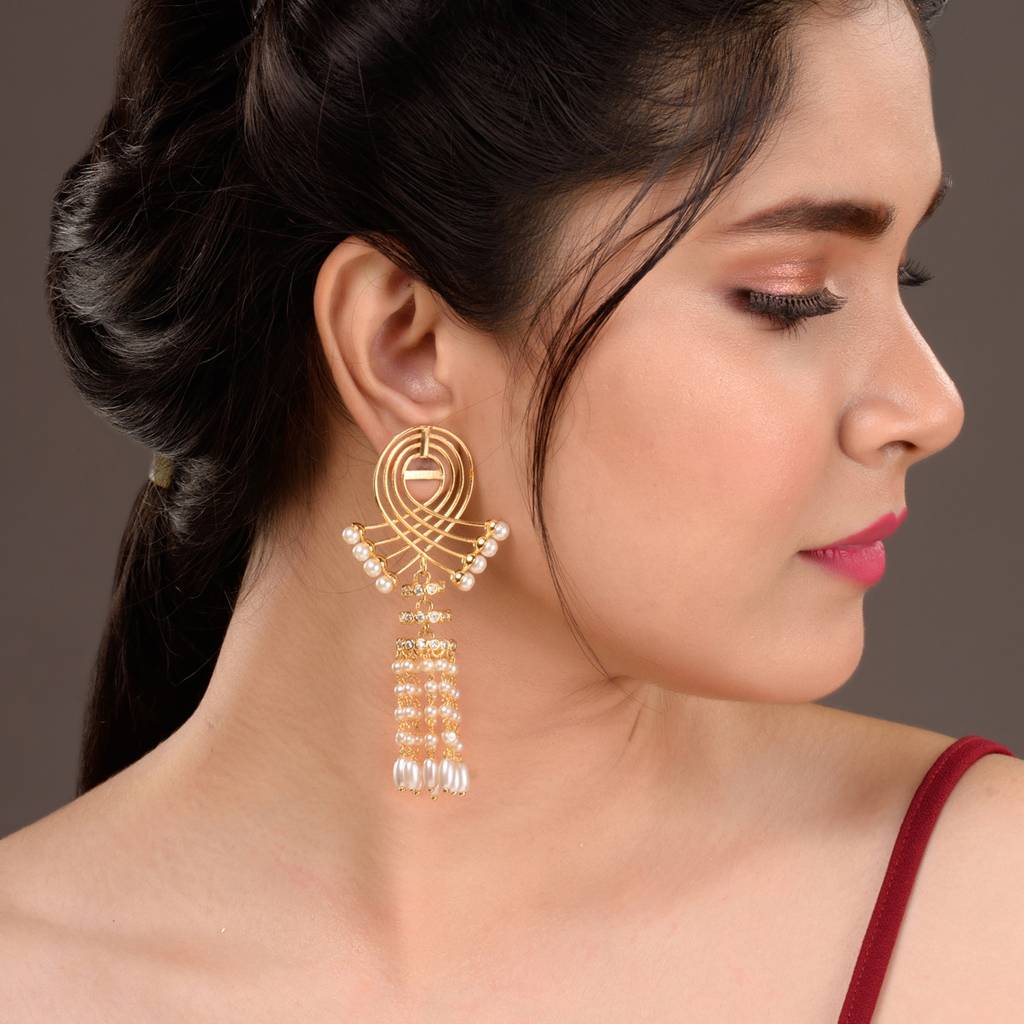 Gold Plated Pearl Beaded Chandelier Jhumka Earrings : SJER1528