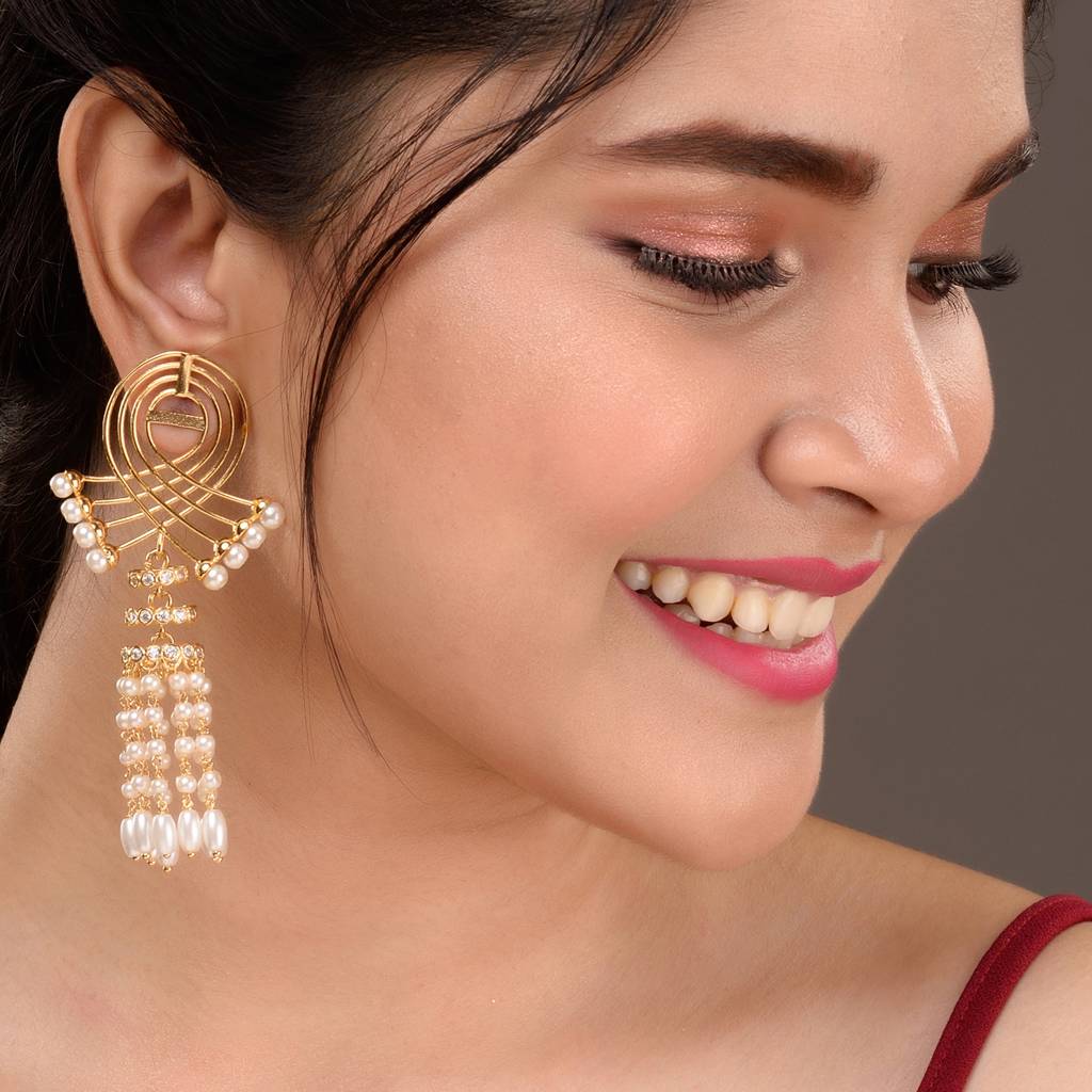 Gold Plated Pearl Beaded Chandelier Jhumka Earrings : SJER1528