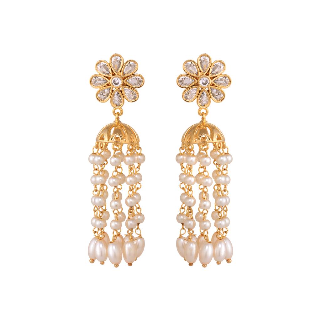 Gold Plated Polki Pearl Beaded Light Weight Jhumki Earrings : SJER1529
