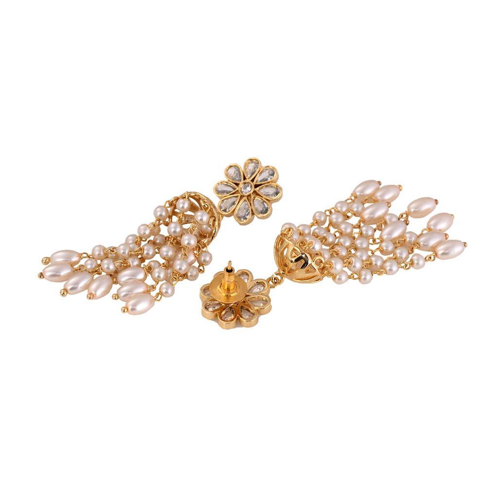 Gold Plated Polki Pearl Beaded Light Weight Jhumki Earrings : SJER1529