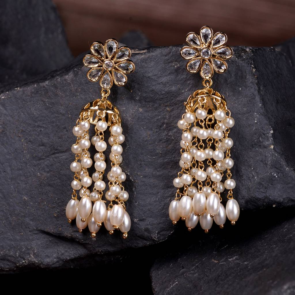 Gold Plated Polki Pearl Beaded Light Weight Jhumki Earrings : SJER1529