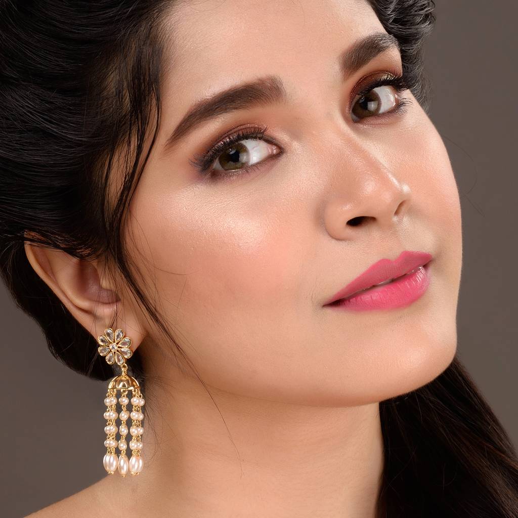 Gold Plated Polki Pearl Beaded Light Weight Jhumki Earrings : SJER1529
