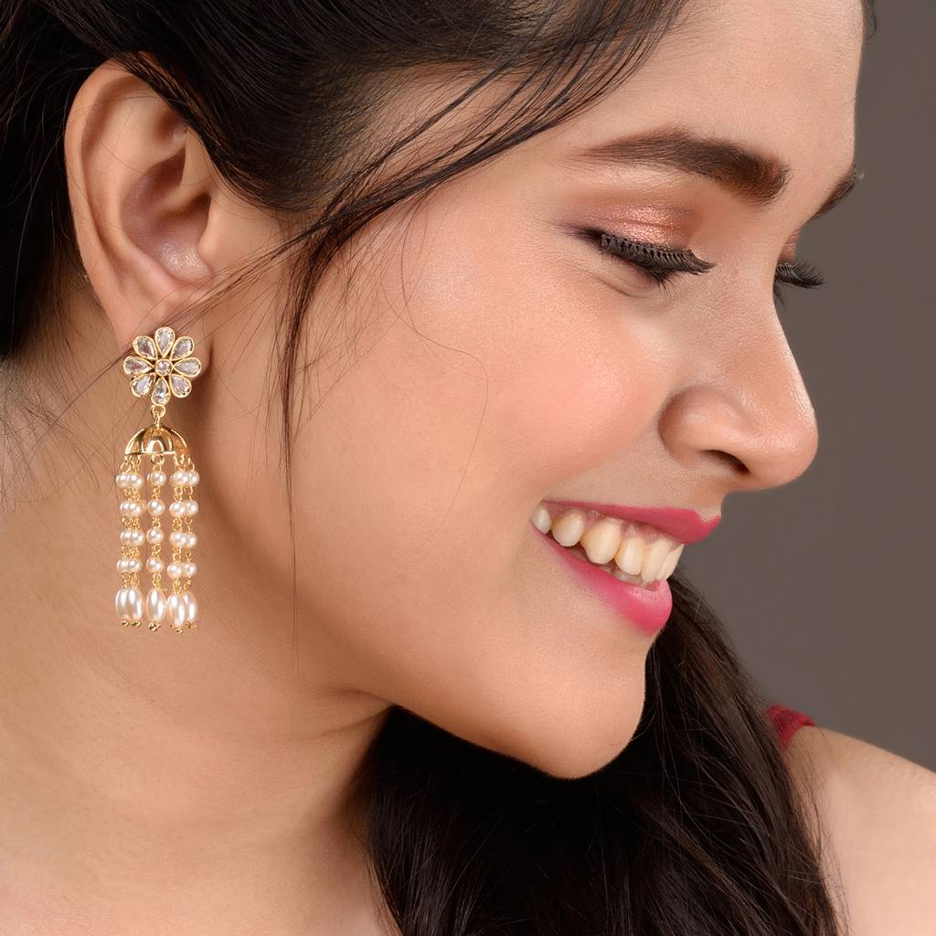 Gold Plated Polki Pearl Beaded Light Weight Jhumki Earrings : SJER1529