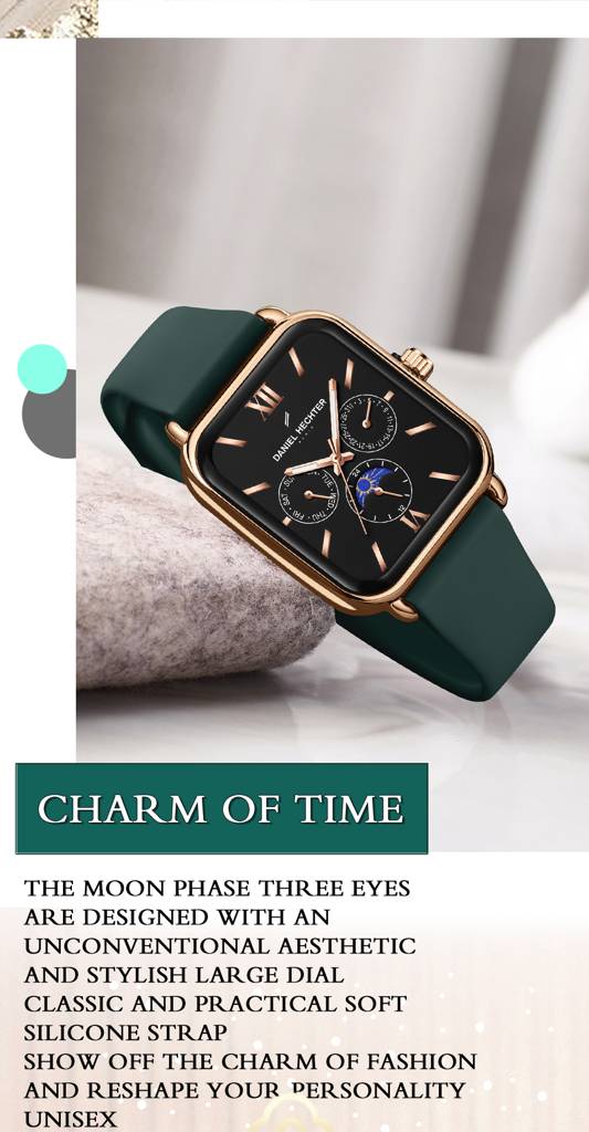 Daniel Hechter Paris Montmartre Unisex Multifunction Square Watch Â Black Dial With Day-Date & 24-Hour Subdial : DHU-1001-04