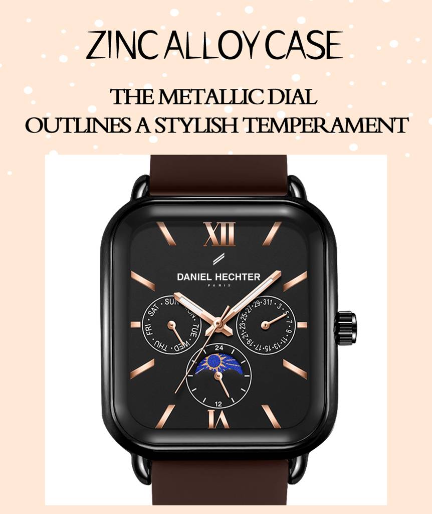 Daniel Hechter Paris Montmartre Unisex Multifunction Square Watch Â Black Dial With Day-Date & 24-Hour Subdial : DHU-1001-03