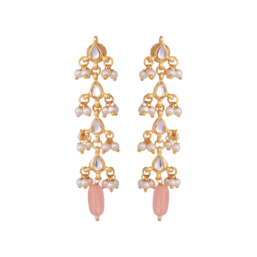 Gold Plated Kundan Pearl Beaded Dropdown Earrings : SJER1530