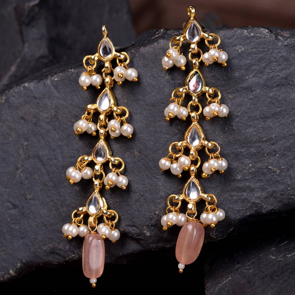 Gold Plated Kundan Pearl Beaded Dropdown Earrings : SJER1530