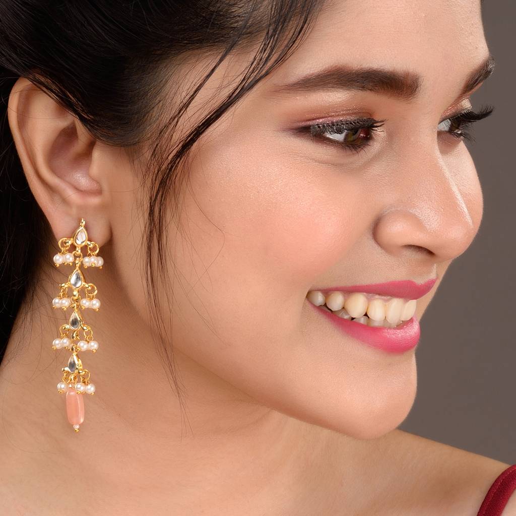 Gold Plated Kundan Pearl Beaded Dropdown Earrings : SJER1530