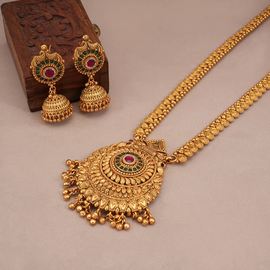 Stunning Long Gold Plated Carved Necklace Set With Jhumka Earring : SJ230