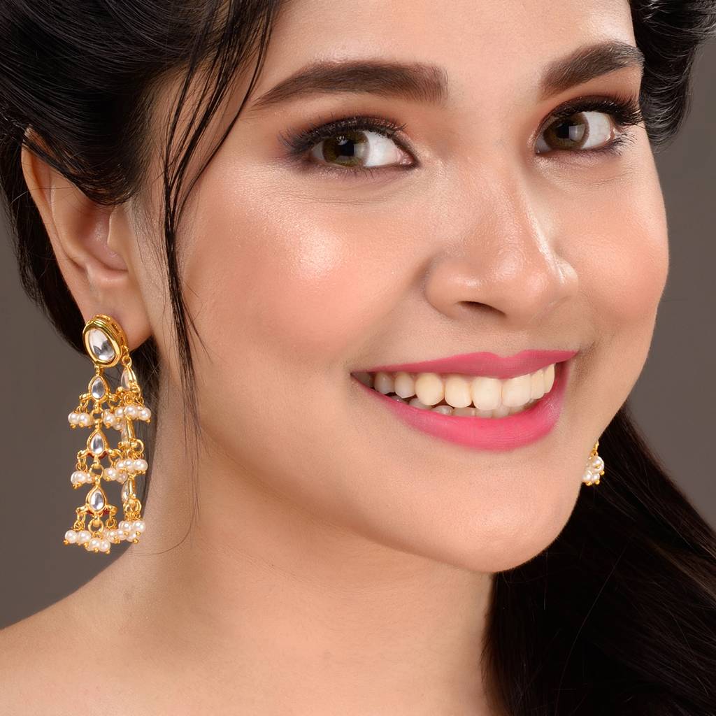 Gold Plated Kundan Pearl Beaded Traditional Dangle Earrings : SJER1531