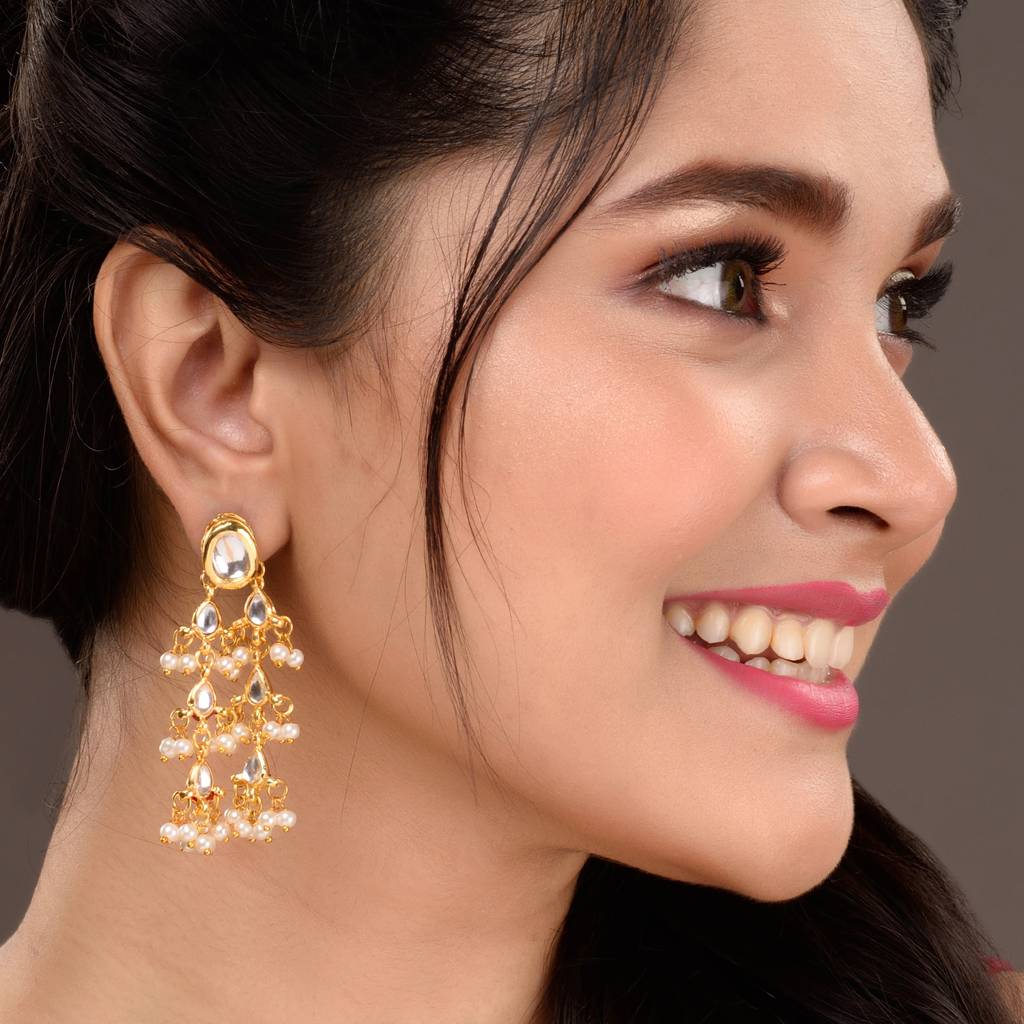 Gold Plated Kundan Pearl Beaded Traditional Dangle Earrings : SJER1531