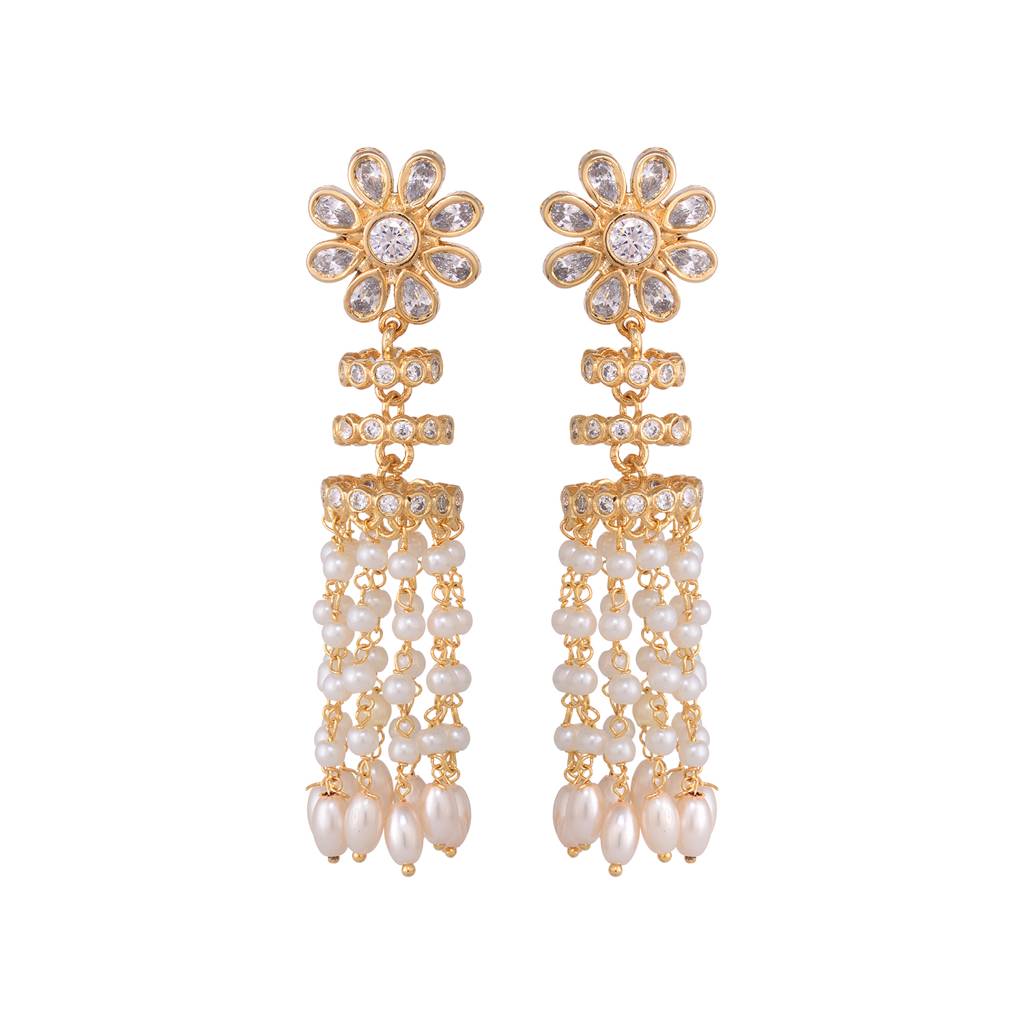 Gold Plated Polki Pearl Beaded Light Weight Chandelier Earrings : SJER1532