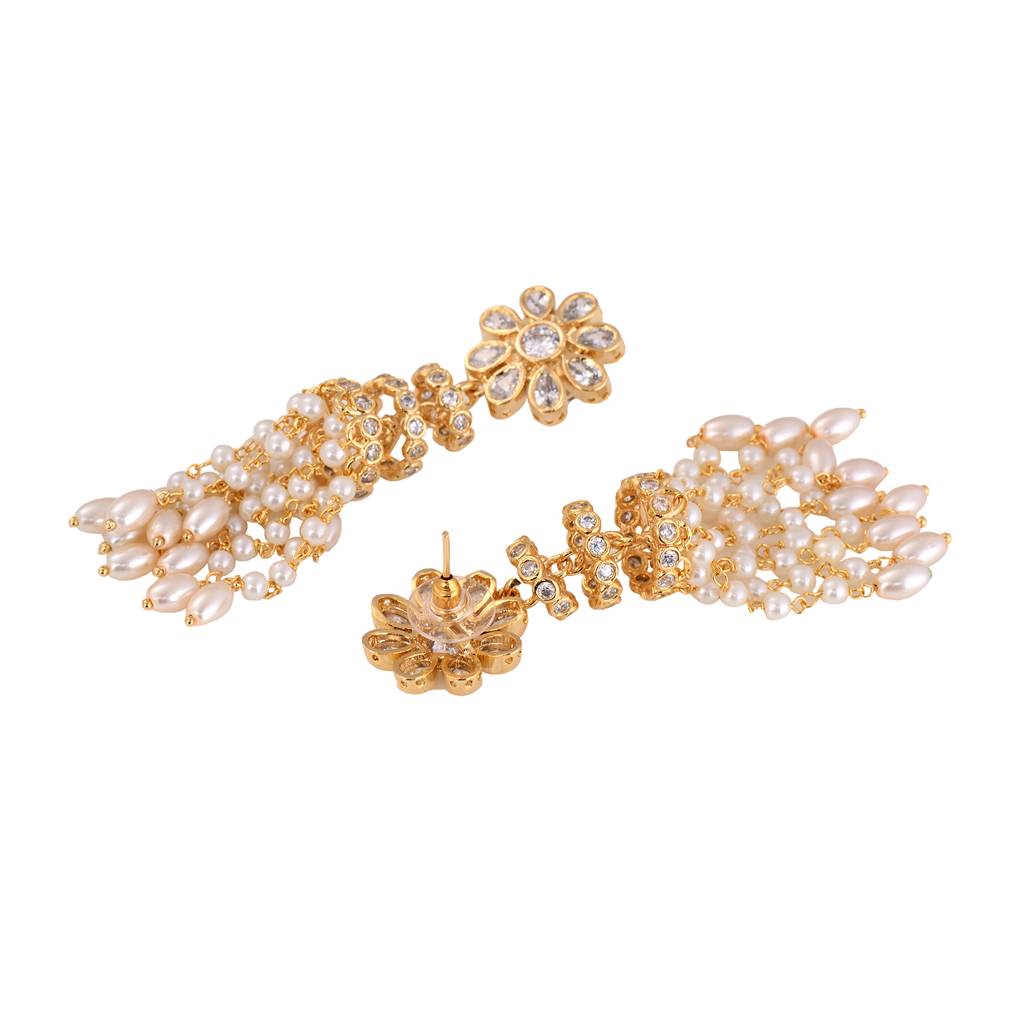 Gold Plated Polki Pearl Beaded Light Weight Chandelier Earrings : SJER1532