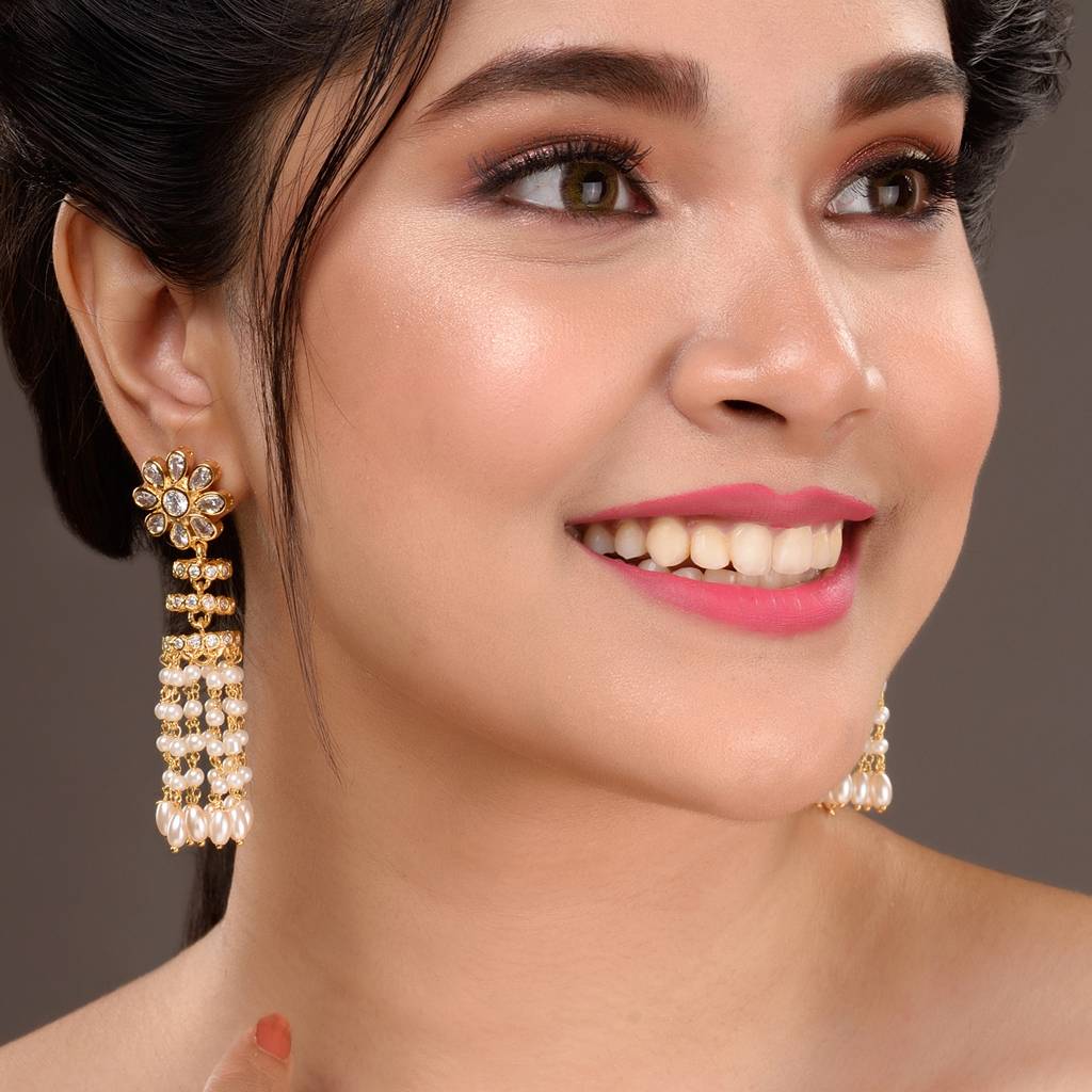 Gold Plated Polki Pearl Beaded Light Weight Chandelier Earrings : SJER1532